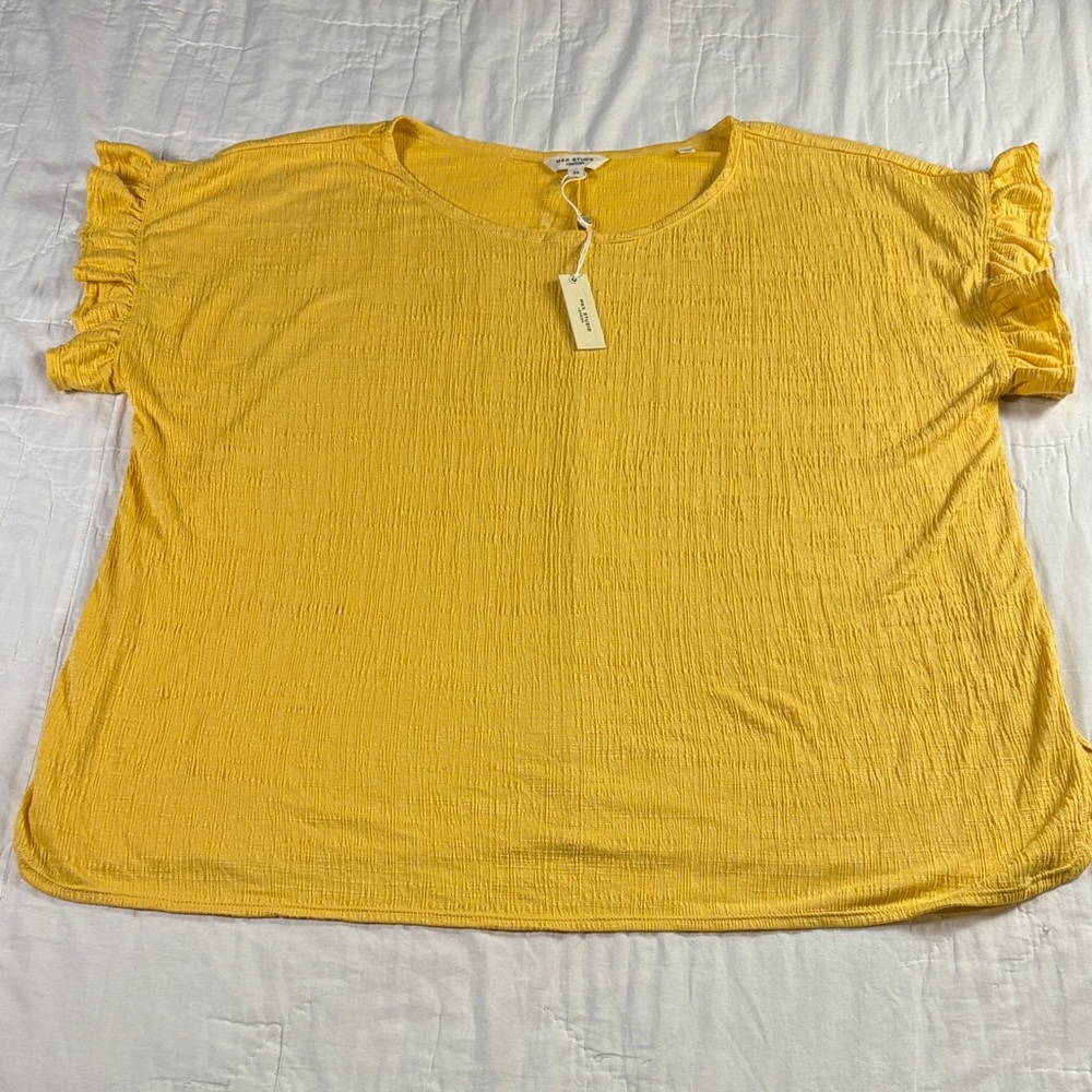 Max Studio 2X Tunic Top Shineshine Yellow Crinkle Flutter Short Sleeve NWT